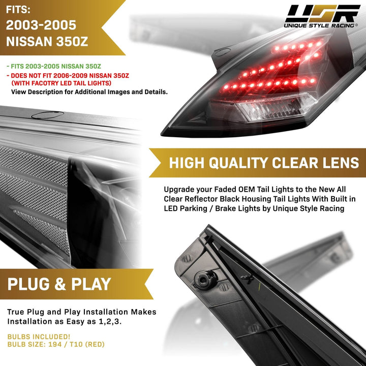 2003 - 2005 Nissan 350Z Z33 JDM 'Z' Shaped Black / Clear Monochrome Lens LED Tail Light