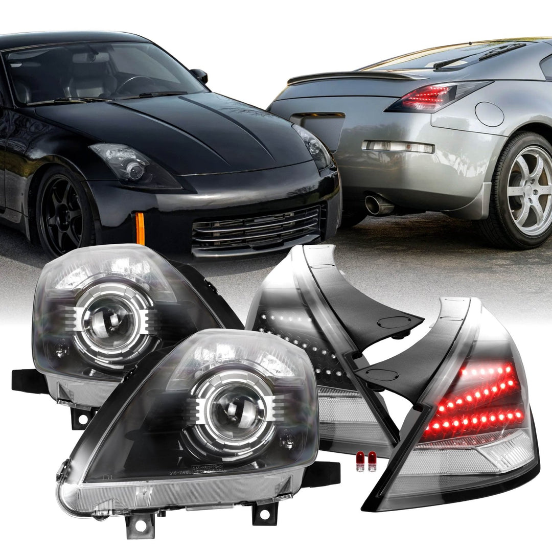 2003 - 2005 Nissan 350Z Z33 JDM 'Z' Shaped Black / Clear Monochrome Lens LED Tail Light + Facelift Style JDM Black D2S BiXenon LED Projector Headlight