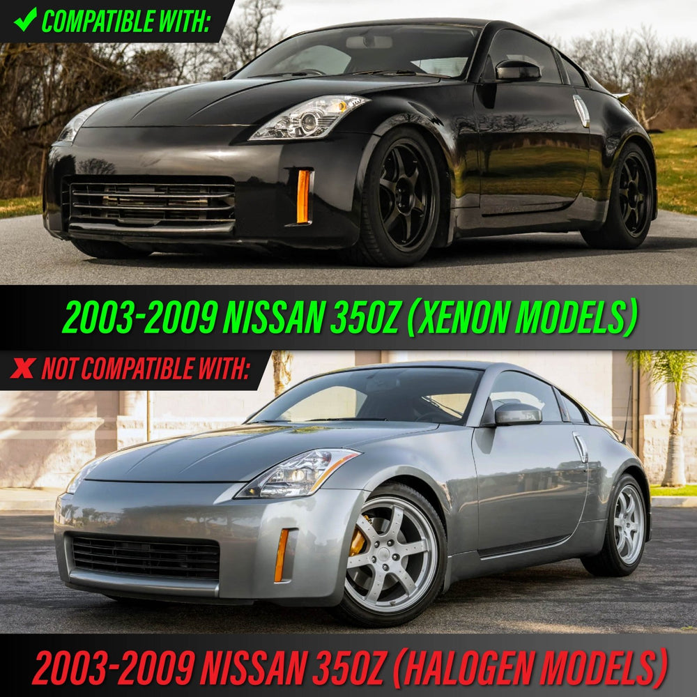 2003 - 2005 Nissan 350Z Z33 JDM 'Z' Shaped Black / Clear Monochrome Lens LED Tail Light + Facelift Style JDM Black D2S BiXenon LED Projector Headlight