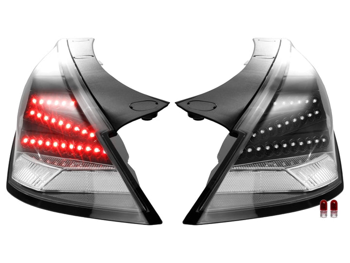 2003 - 2005 Nissan 350Z Z33 JDM 'Z' Shaped Black / Clear Monochrome Lens LED Tail Light + Facelift Style JDM Black D2S BiXenon LED Projector Headlight
