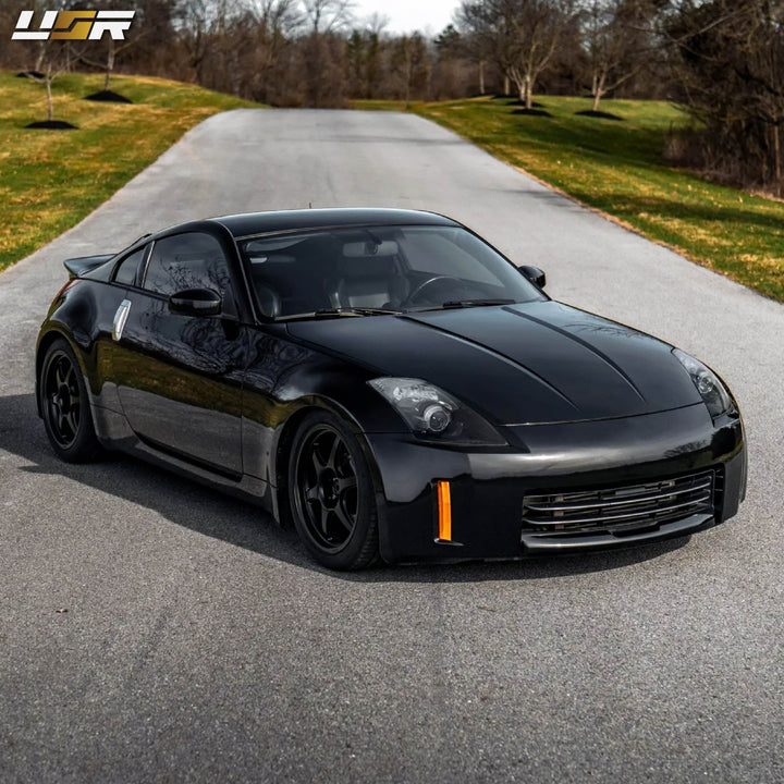 2003 - 2005 Nissan 350Z Z33 JDM 'Z' Shaped Black / Clear Monochrome Lens LED Tail Light + Facelift Style JDM Black D2S BiXenon LED Projector Headlight
