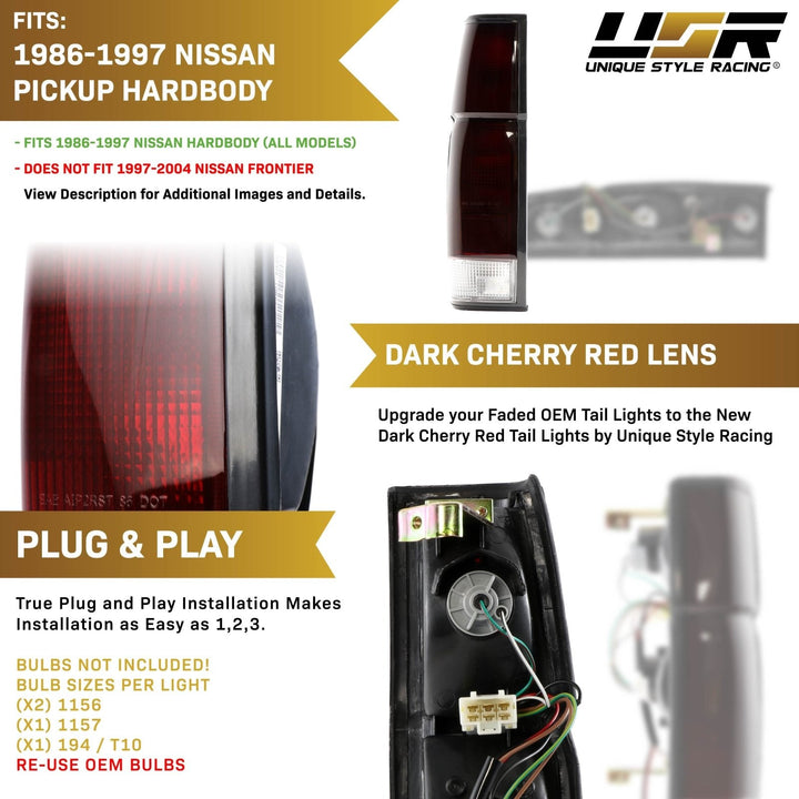 1986 - 1997 Nissan Hardbody Pickup Truck Dark Red Lens Tail Lights