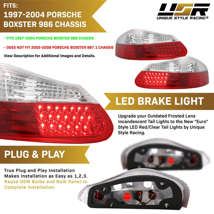 1997-2004 Porsche Boxster 986 Chassis Roadster Red/Clear or Red/Smoke LED Rear Tail Light

#lens-color_red-clear-lens