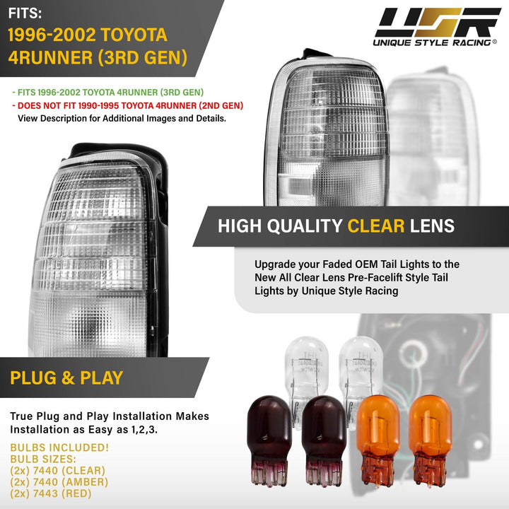 1996 - 2002 Toyota 4Runner Frosted Pre - Facelift Style Lens All Clear Tail Lights