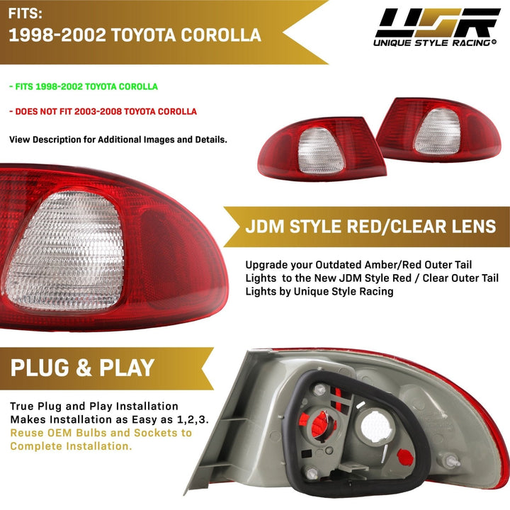 1998 - 2002 Toyota Corolla JDM Style Red / Clear Lens Tail Lights