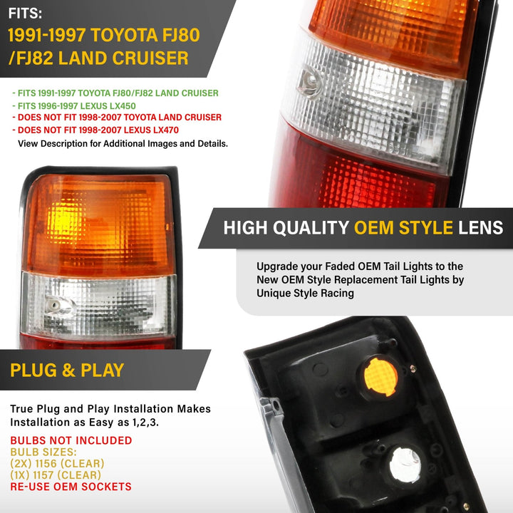 1991 1992 1993 1994 1995 1996 1997 Toyota Land Cruiser FJ80 FJ 80 82 FJ82 & 1995 1996 1997 Lexus LX450 450 LX Replacement Tail Light OEM style aftermarket

#optional-items_driver-left