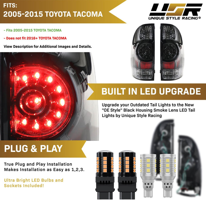 2005 - 2015 Toyota Tacoma Facelift Style Rear Clear Lens Black Housing LED Tail Lights