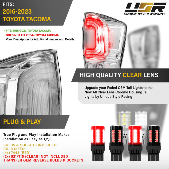 2016 16 2017 17 2018 18 2019 19 2020 20 2021 21 2022 22 2023 23 Toyota Tacoma All Clear Lens chrome Tail Lights

#light-source_led