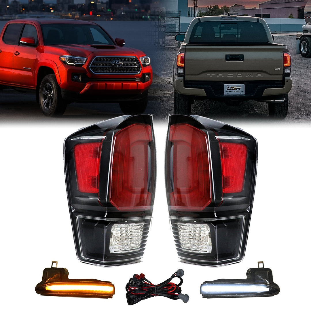 2016 - 2020 Toyota Tacoma TRD PRO Style Black Out Tail Lights + Smoke Lens Switchback LED Mirror Turn Signal Lights COMBO