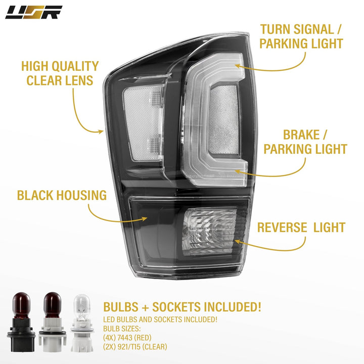 2016 2017 2018 2019 2020 2021 2022 2023 Toyota Tacoma Pickup Truck 3rd Generation JDM Style Black Housing All Clear Lens Tail Lights

#light-source_incandescent