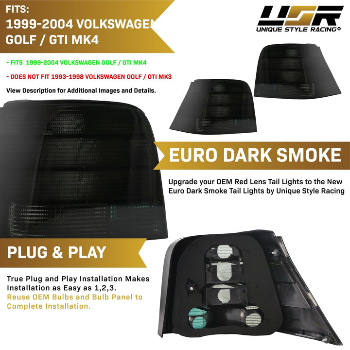 1992-2004 VW Golf GTi Mk4 Euro Style Black Smoke Lens Tail Lights