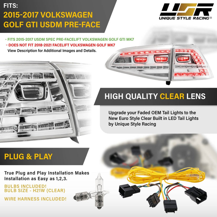 2015 - 2017 Volkswagen Golf GTI Euro Style All Clear Lens 4PC LED Tail Lights + Wire Adapter Harness