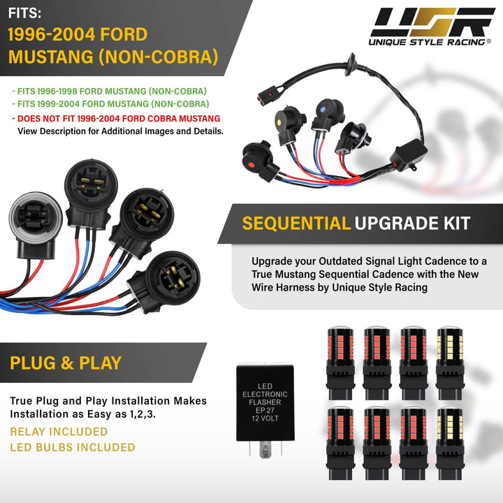 1996 1997 1998 1999 2000 2001 2002 2003 2004 Ford Mustang Sequential Signal Plug and Play Tail Brake Light Harness + Flasher Relay

#optional-items_sequential-wire-harness-with-relay-and-6pc-led-bulbs