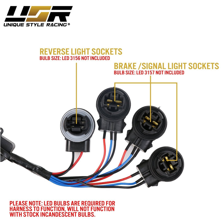 1996 - 2004 Ford Mustang Sequential Signal Plug and Play Tail Brake Light Harness + Flasher & LED Bulbs