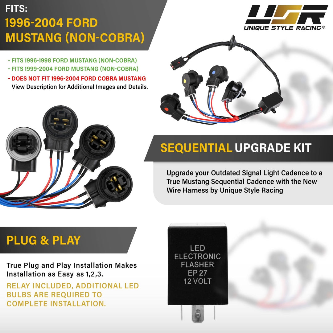 1996 1997 1998 1999 2000 2001 2002 2003 2004 Ford Mustang Sequential Signal Plug and Play Tail Brake Light Harness + Flasher Relay

#optional-items_sequential-wire-harness-with-relay