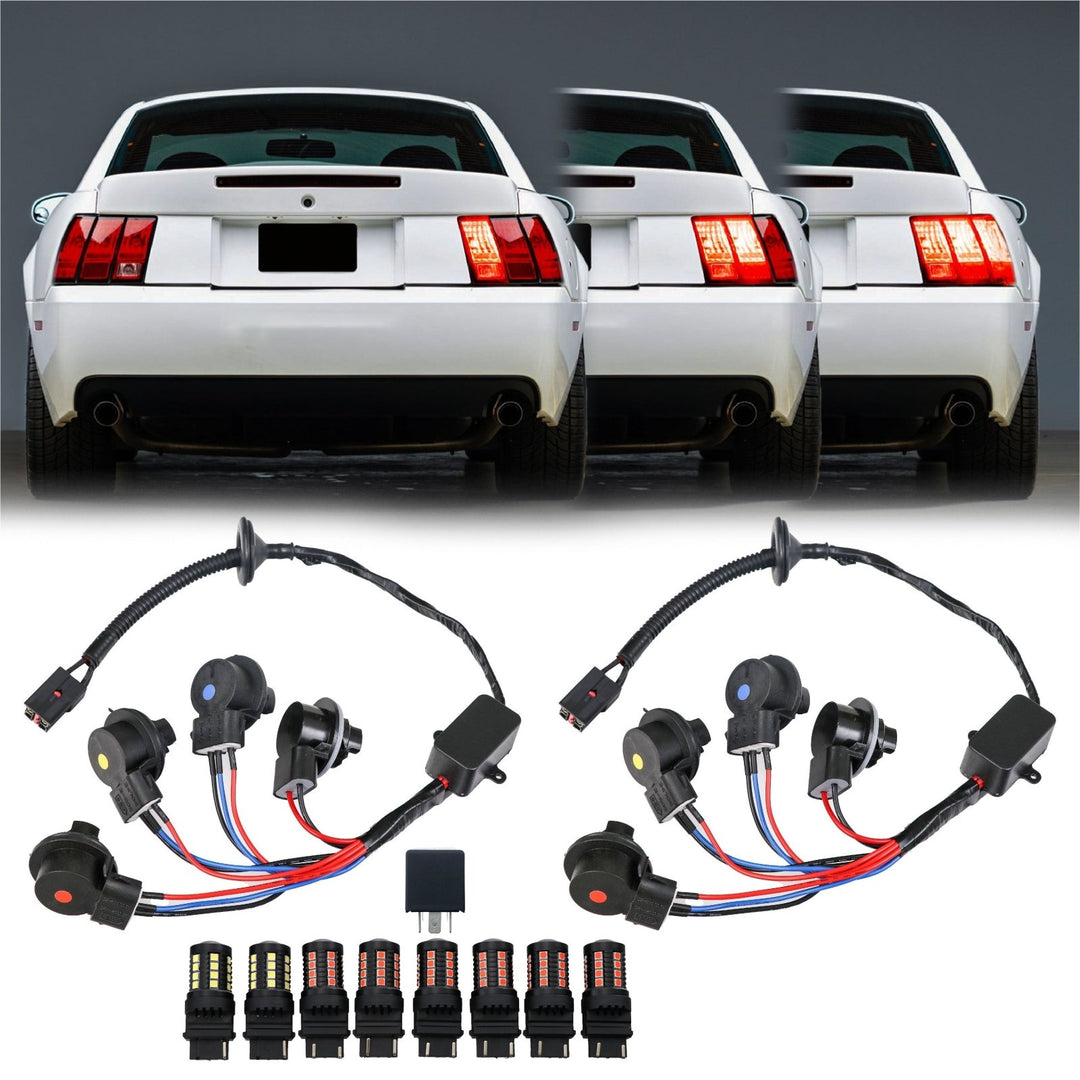 1996 - 2004 Ford Mustang Sequential Signal Plug and Play Tail Brake Light Harness + Flasher & LED Bulbs