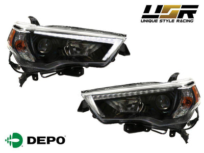 Unique Style Racing DEPO Lighting 2014-2020 Toyota 4Runner White LED DRL Eyelid Light Bar Black Housing 2021 TRD Pro Style Built-In LED Low Beam Projector Headlight Made by DEPO