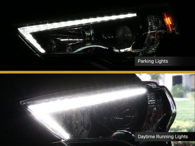 Unique Style Racing DEPO Lighting 2014-2020 Toyota 4Runner White LED DRL Eyelid Light Bar Black Housing 2021 TRD Pro Style Built-In LED Low Beam Projector Headlight Made by DEPO