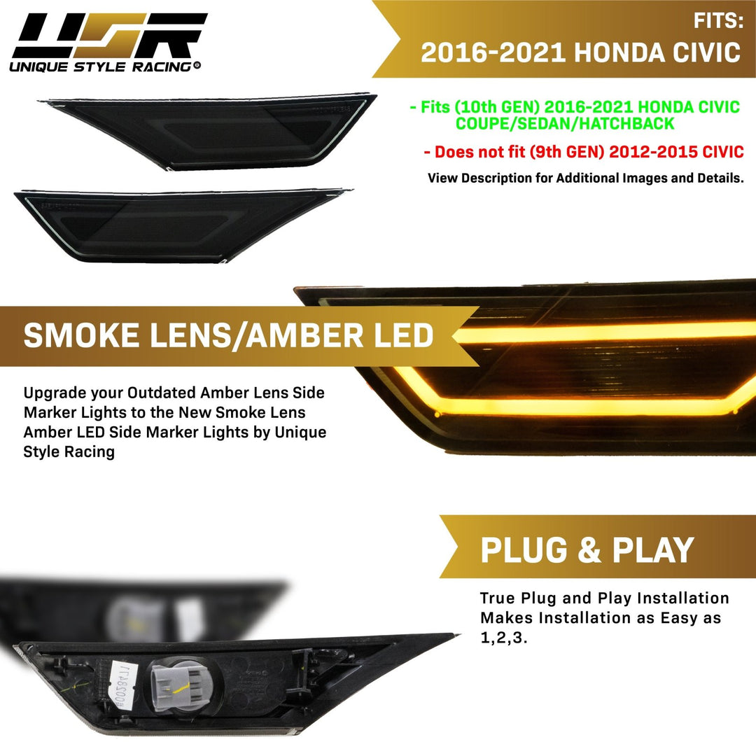 2016-2021 Honda Civic 10th Gen 991 Carrera Style Black or Chrome / Smoke Front Amber or White LED Bar Bumper Side Marker Lights