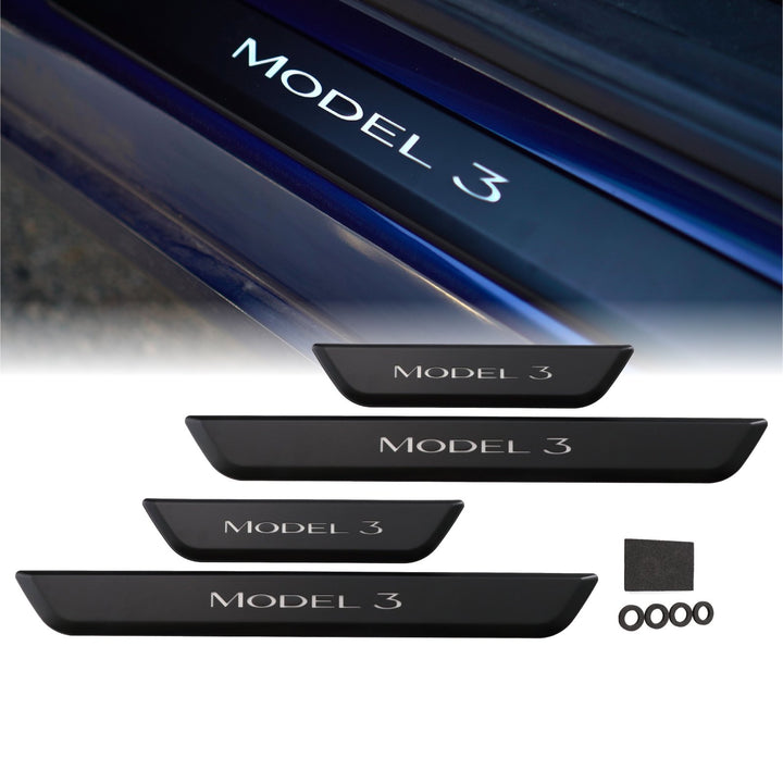 2017-2022 Tesla Model 3 Matte Black 4PC Magnetic Controlled White LED Door Sill - Made by USR