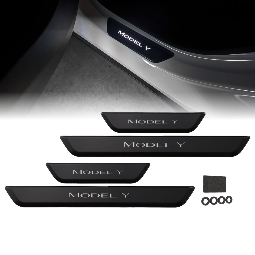 2020-2023 Tesla Model Y Matte Black 4PC Magnetic Controlled White LED Door Sill - Made by USR