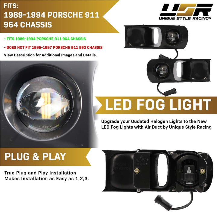 1989-1994 Porsche 911 Carrera 964 Chassis Projector LED Fog Light with Paintable Air Duct