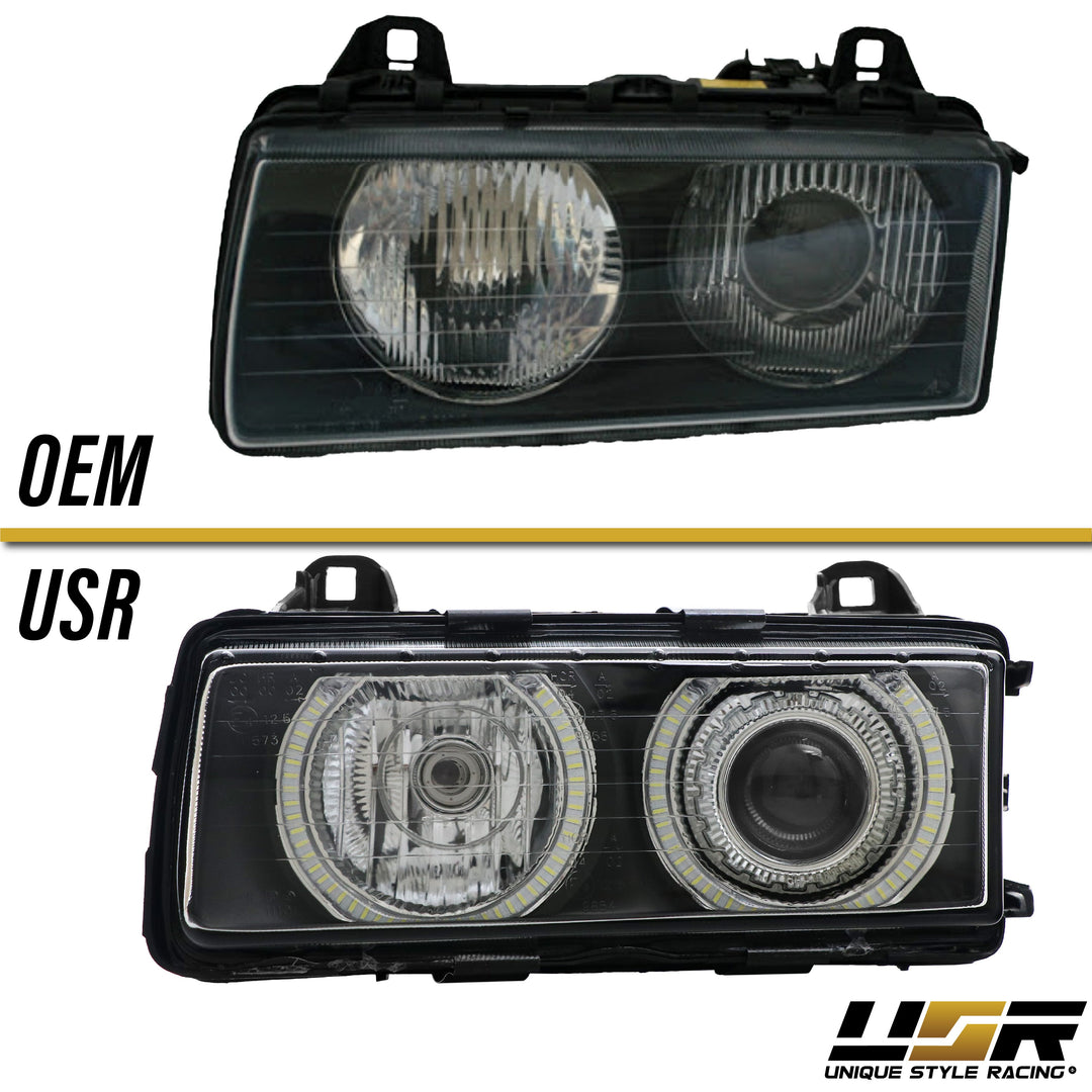 1992-1999 BMW E36 3 Series DEPO P36 Projector Angel Eye GLASS Lens Headlight Optional UHP LED Halo Rings