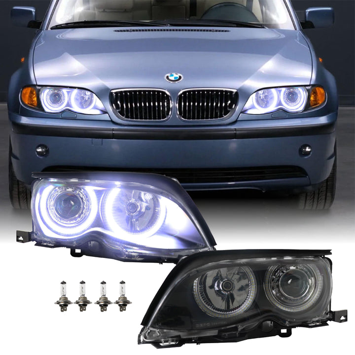 2002-2005 BMW 3 Series E46 4D Sedan / 4D Wagon Angel Eye Projector Headlight W/ Optional UHP LED Halo Rings - Made by DEPO
