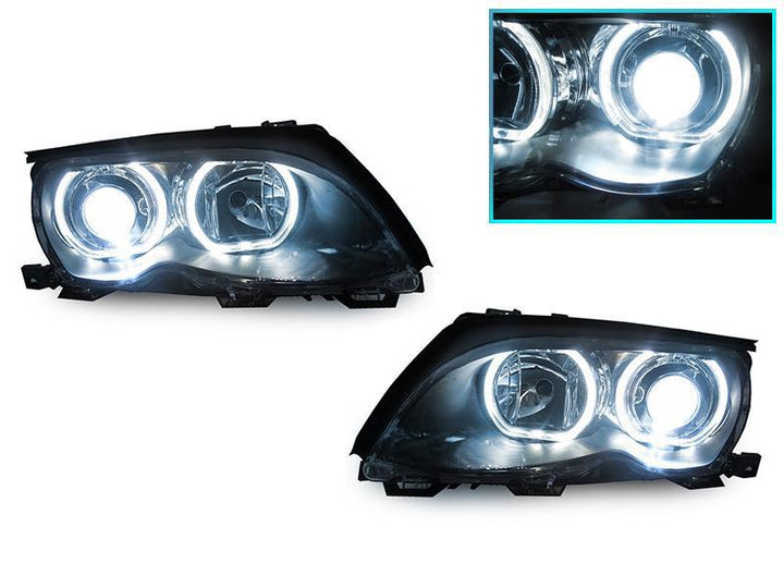 2002-2005 BMW 3 Series E46 4D/5D V3 F30 Style Square Bottom Angel Eye Halo U Rings White LED Halo Projector Headlight - Made by DEPO
