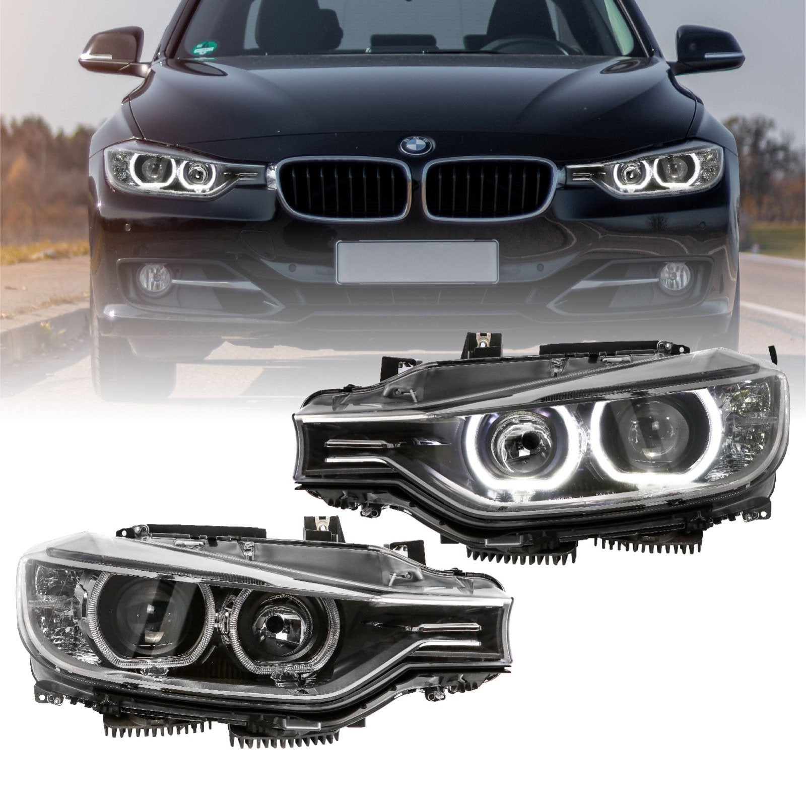 2012-2015 BMW F30 / F31 3 Series 4D Sedan / 5D Wagon Black LED Angel Eyes  Halo Rings Projector Headlight