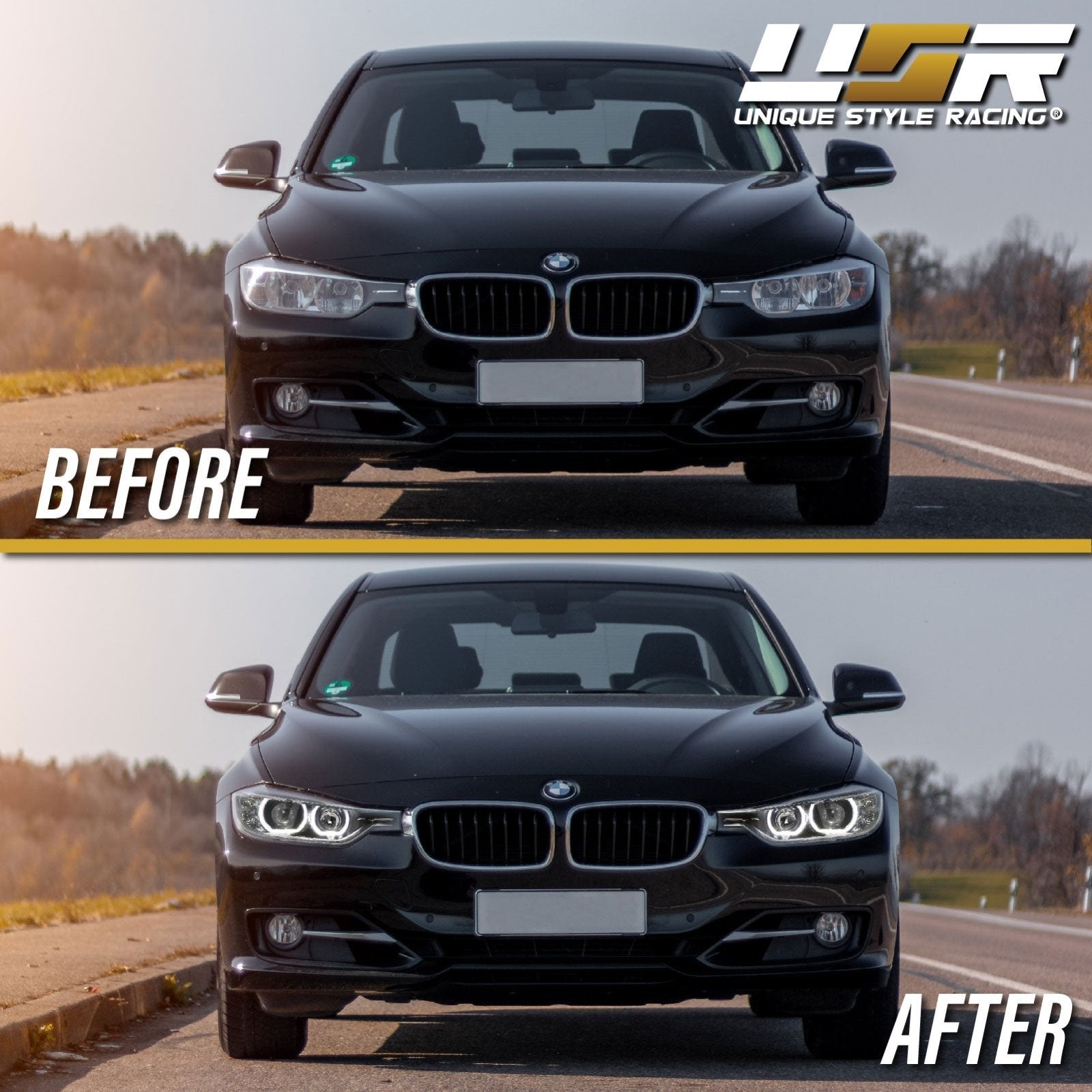 2012-2015 BMW F30 / F31 3 Series 4D Sedan / 5D Wagon Black LED Angel Eyes  Halo Rings Projector Headlight