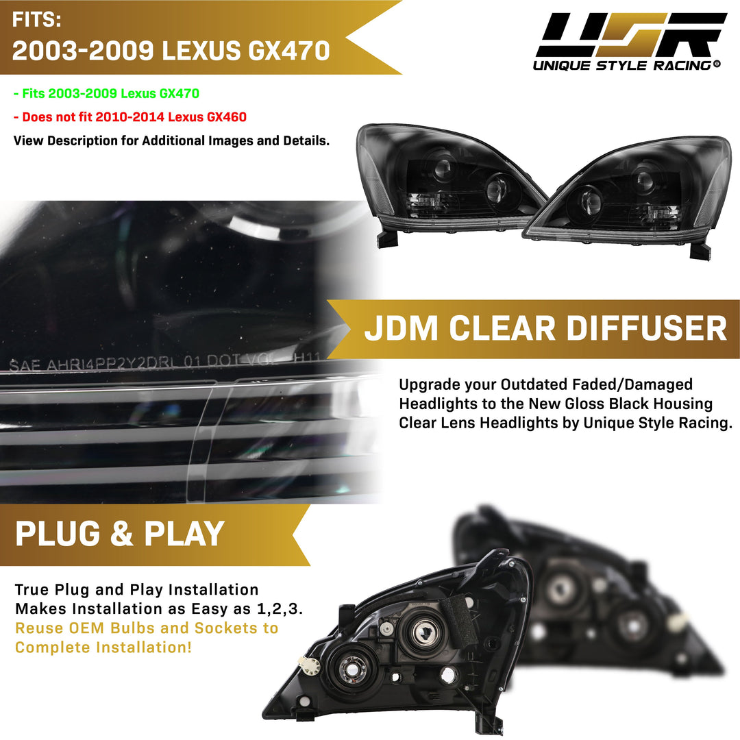 2003-2009 Lexus GX470 Gloss Black Housing with Clear Reflector Headlight - Made By USR