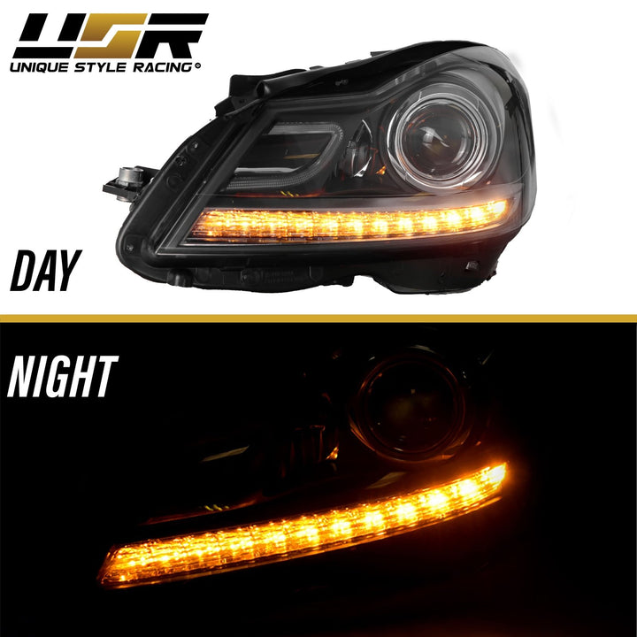 2012-2014 Mercedes Benz C Class W204 USR Edition Projector Headlight w/ White LED Strip DRL & Switchback Amber LED Turn Signal Halogen Model by DEPO