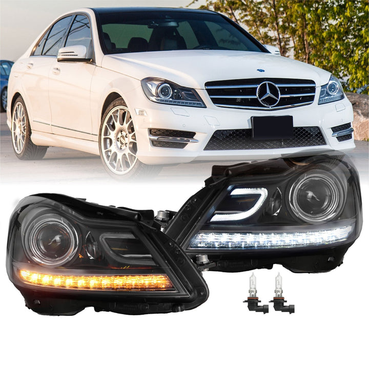 2012-2014 Mercedes Benz C Class W204 USR Edition Projector Headlight w/ White LED Strip DRL & Switchback Amber LED Turn Signal Halogen Model by DEPO