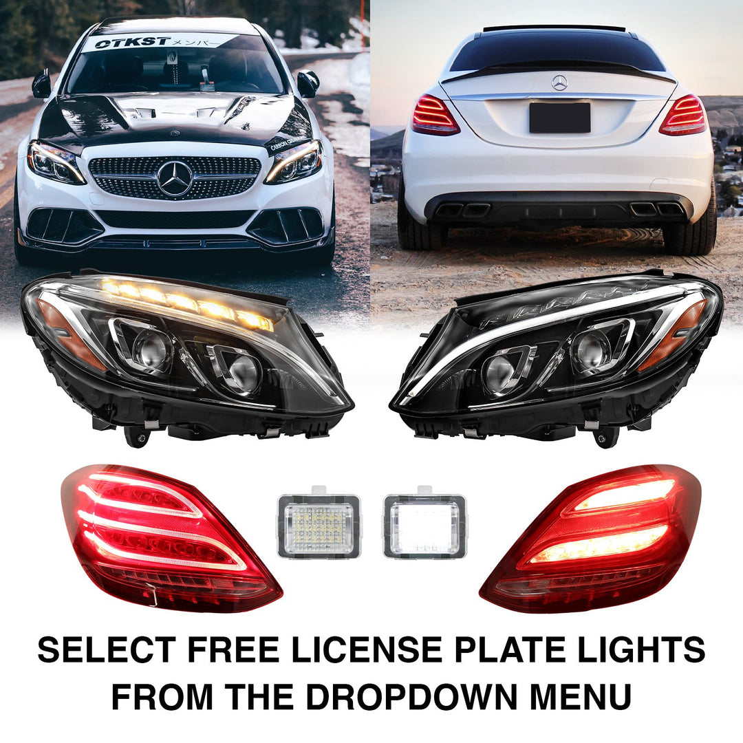 2015-2018 Mercedes Benz W205 C Class 4D Sedan AMG Style Full LED Headlights  & Full LED Red/Clear Full LED Tail Lights COMBO - Unique Style Racing