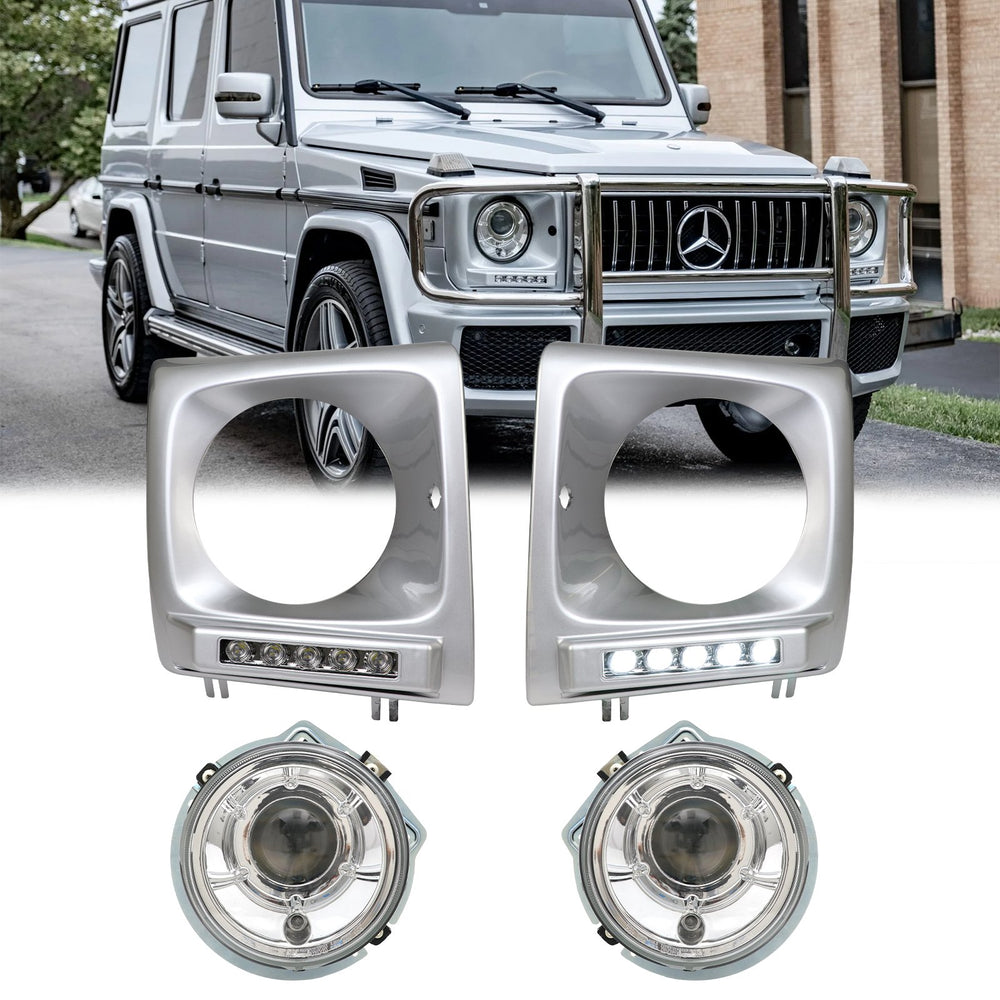 2002-2006 Mercedes Benz G Class Wagon W463 Facelift Style Glass Lens Projector Headlight + LED Painted Headlight Bezel - Made by DEPO / USR