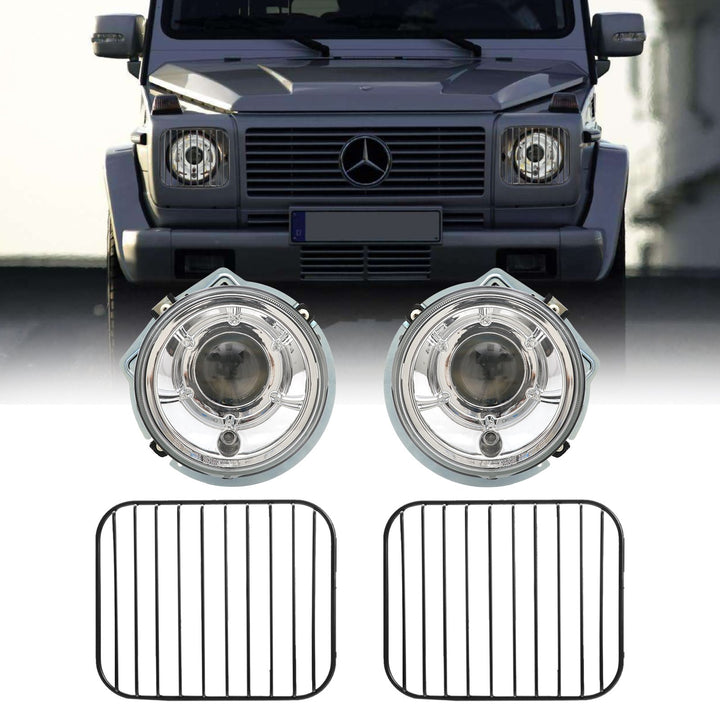 2002-2006 Mercedes Benz G Class Wagon W463 Facelift Style Glass Lens Chrome Housing Projector Headlight + Safari Style Stone Guard Grills - Made by DEPO