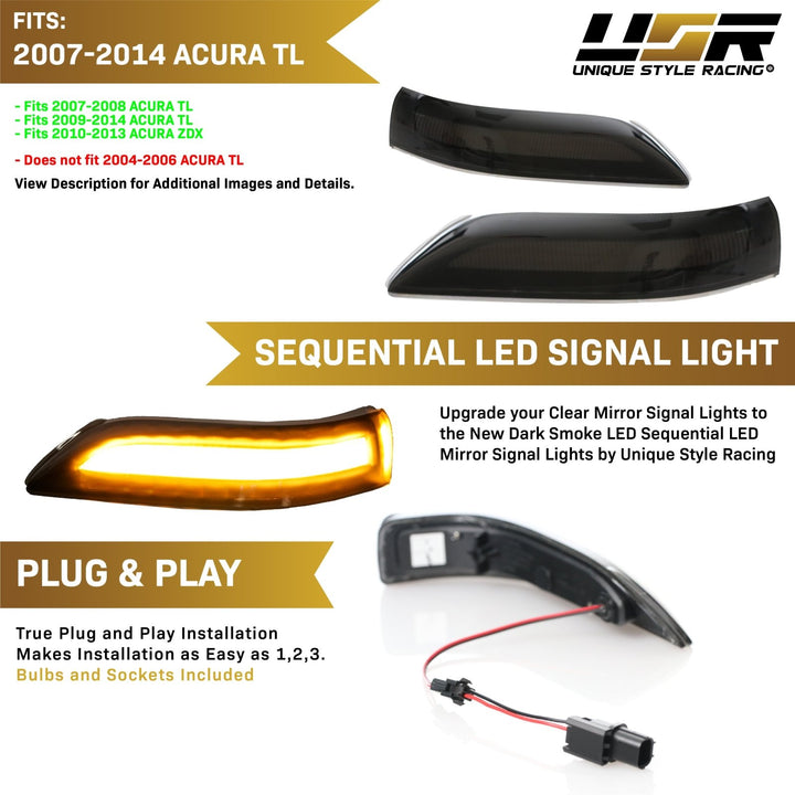 2007-2014 Acura TL / 2010-2012 Acura ZDX Dark Smoke Lens Sequential Amber LED Mirror Signal Lights