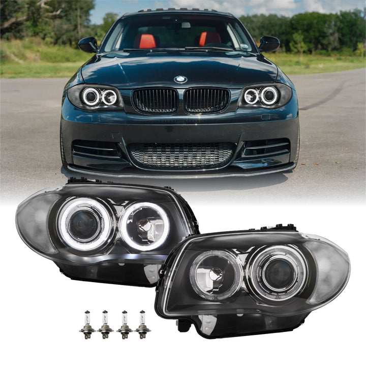 2008-2012 BMW E82 / E88 1 Series DEPO OE Style Euro Clear Corner V2 LED Angel Eye Halo Projector Headlights