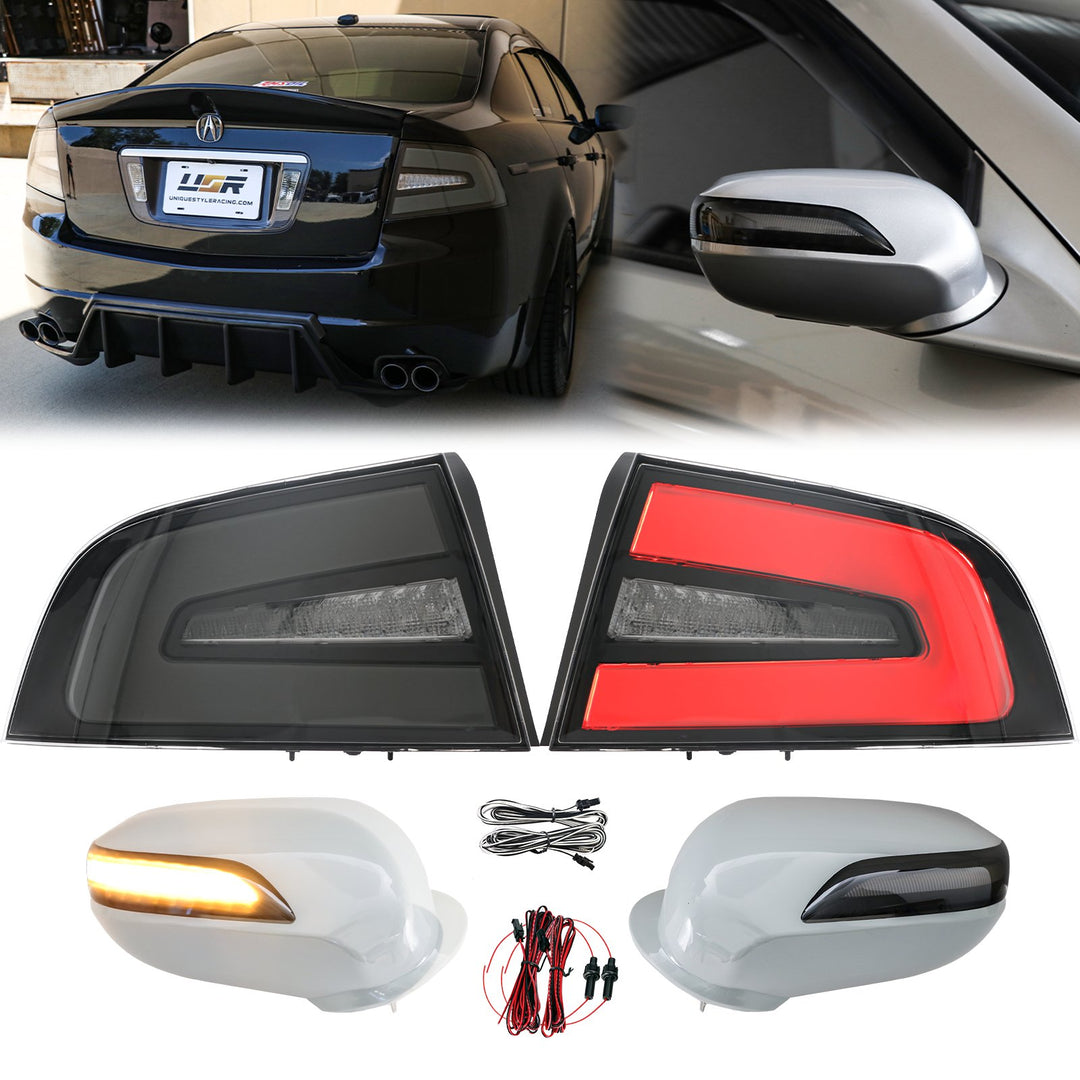 2004-2006 Acura TL NSX Style Black Housing Light Smoke Diffuser LED Light Bar Tail Light + Type-S Style Side Mirror Cover w/ Sequential LED Smoke Lens Turn Signal COMBO - Made by DEPO + USR