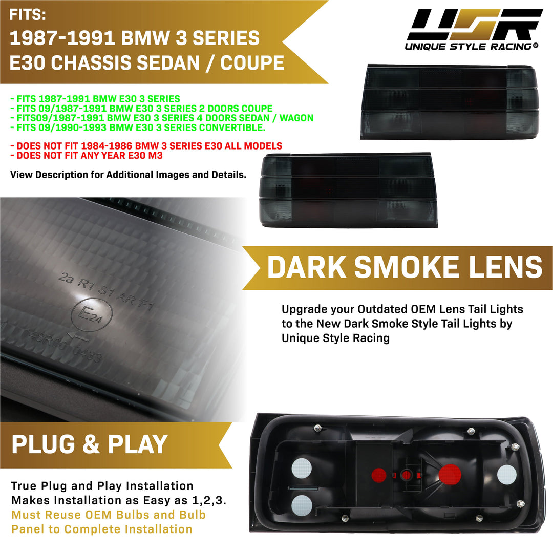 1987-1991 BMW E30 2D /4D / Cabrio Euro OE Frosted Smoked OR Red / Smoke Lens Tail Light - Made by USR