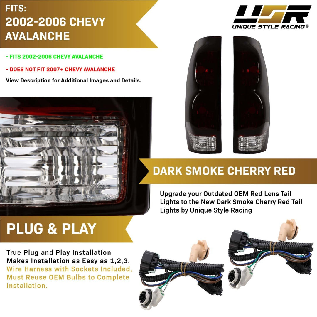 2002-2006 Chevy Chevrolet Avalanche Pickup Truck Dark Smoke Red Lens Tail Lights