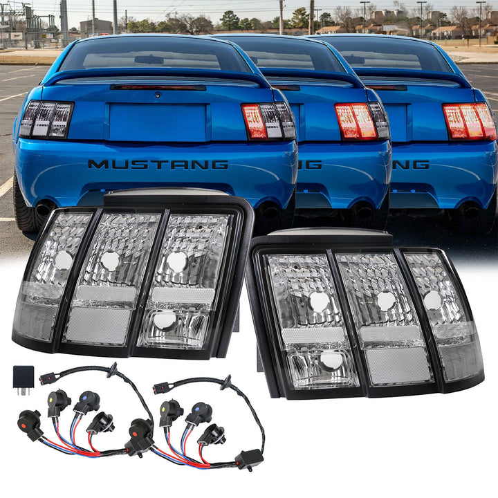 1999-2004 Ford Mustang V6 GT New Edge All Clear Euro Style Tail Light Plus Sequential Wire Harness with Relay & Canbus LED Bulbs - Made by USR
