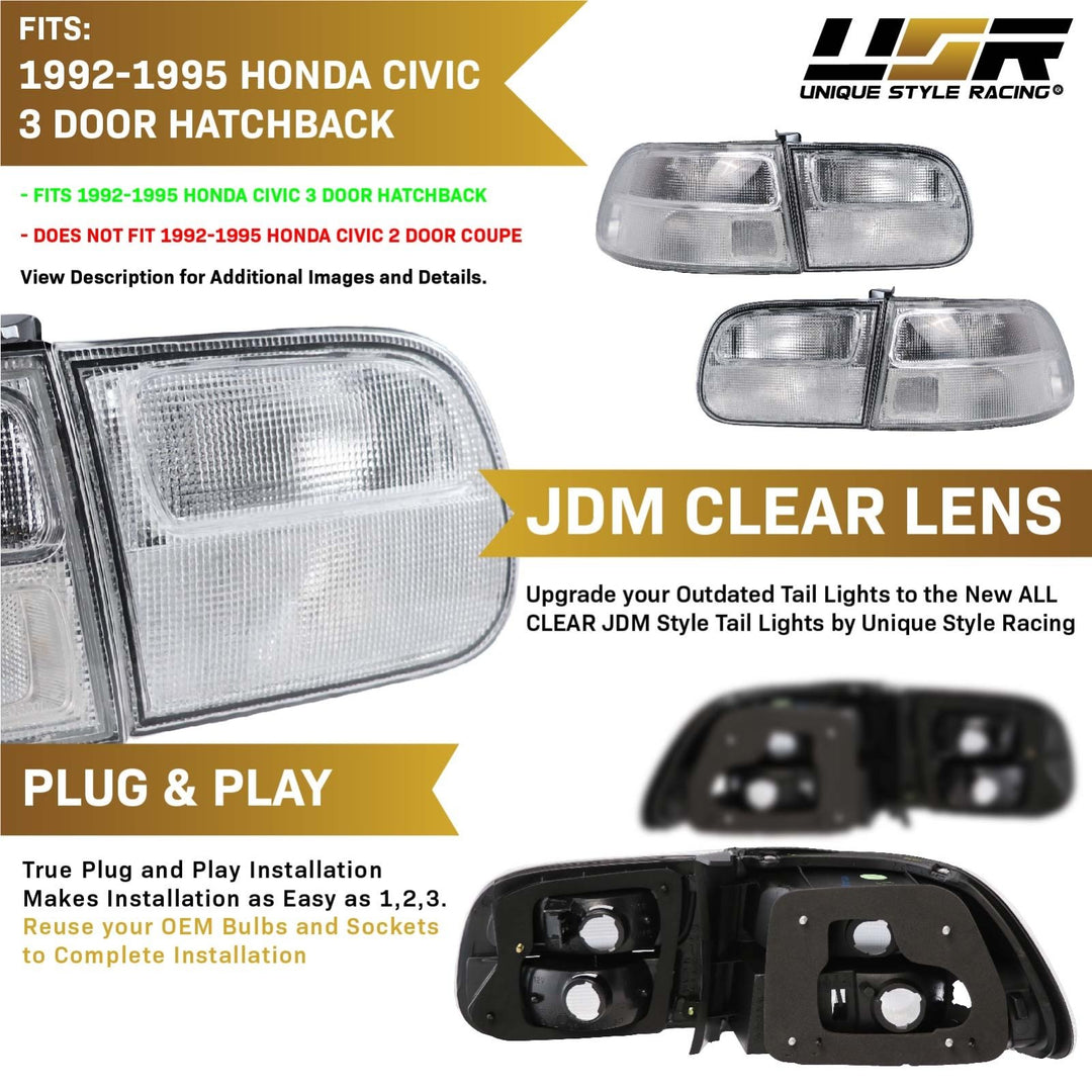 1992-1995 Honda Civic 3D Hatch EG SiR JDM Style All Clear 4PCS Tail Light