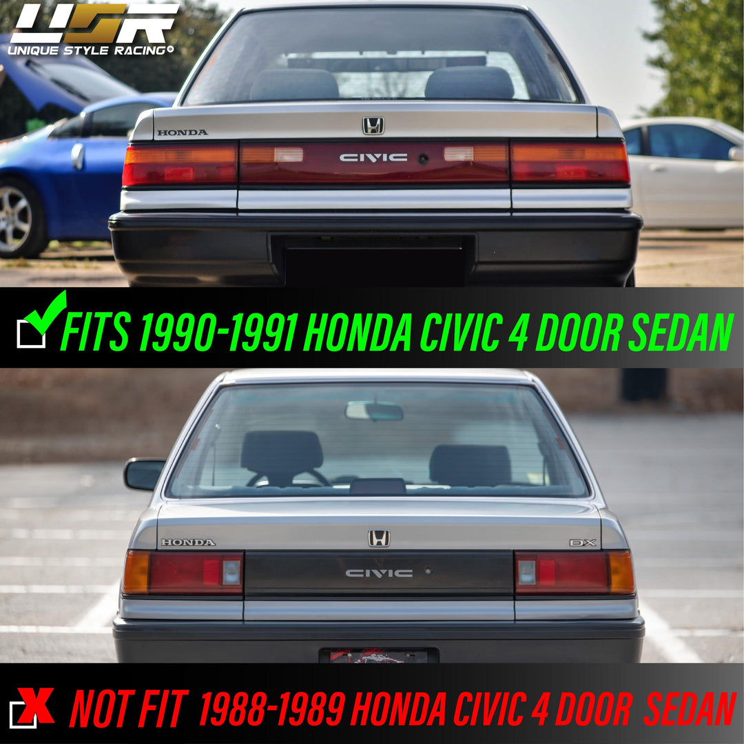 1990-1991 Honda Civic 4D Sedan JDM SiR Style All Clear Tail Light + Black Center Panel Wrap - Made by Unique Style Racing