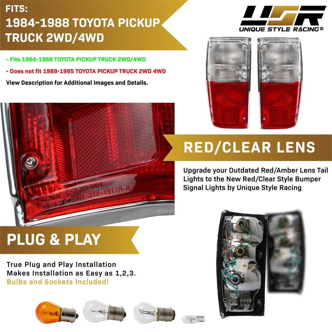 1984-1988 Toyota Pickup Truck 2WD/4WD Red/Clear Rear Tail Light